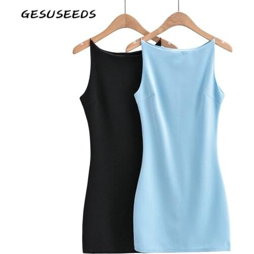 Sexy Dress Summer Mini Dress Women Sleeveless Dresses Elegant Party Dresses Kint Solid Slash Neck Dress Black Blue Sundress 2021
