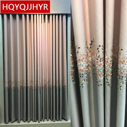 Modern pastoral high quality custom pink gray embroidered blackout curtains for bedroom living room kitchen hotel apartment