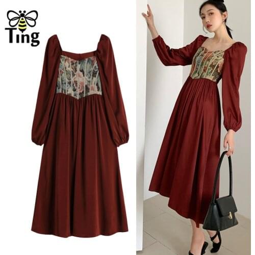 Tingfly Vintage Elegant Victorian High Waist A Line Party Dinner Dresses Princess Soft Girl Long Sleeve Red Elbise Robe Rouge Za