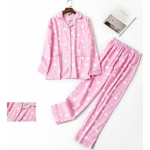 Top Sweet Sleepwear Set 100% Cotton Winter Womens Pajamas Long Sleeve Shirt Pants Casual Cartoon Warm Sexy Homewear