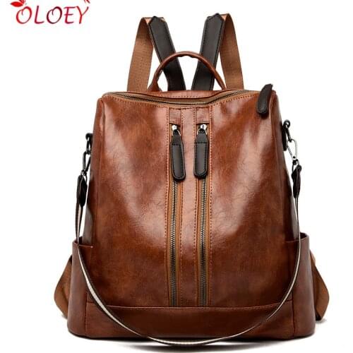 Vintage Double Zipper Women Leather Backpack Female Multifunction Bagpack School Bags for Teenage Girls Mochilas Mujer Back Pack