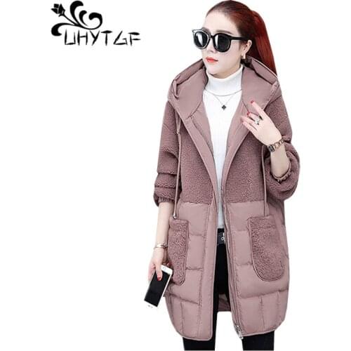 UHYTGF 3XL plus size coat woman mid-length casual winter jacket parker women down jacket hooded wild warm winter cotton coat1780