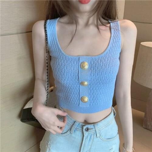 2021 Korean Style Womens Sweet Sexy Tight-fitting U-Neck Button Short Knitted Vest Fashion Solid Color Slim Casual Tank Tops