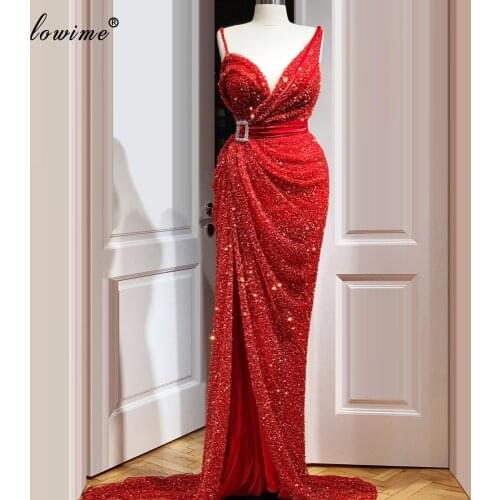 Kaftan Red Sequins Prom Dresses Long Sparkly Cocktail Party Dress Turkish Evening Gowns Robe De Soiree Women Abendkleider Custom