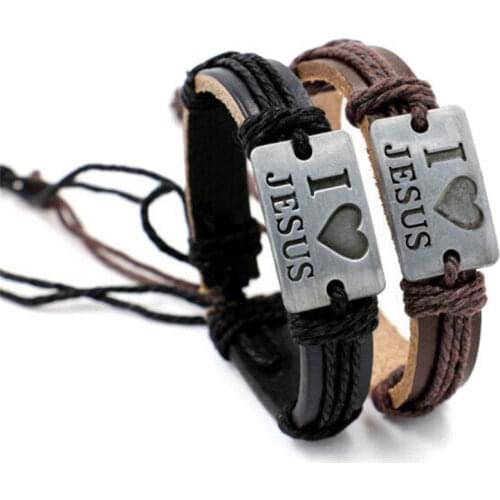 1Pcs I Love JESUS PU Leather Bracelet Antique Animal Pendant Rope Chain Charms Wrap Bracelet Gifts For Women Men 2 Colors