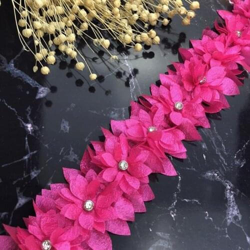 1 yard Rose Red 3D Flower Pearl Diamond Lace Trim Applique Trimming Lace Ribbon Patches Embroidered Fabric Sewing Craft Handmade DIY Wedding Decoration