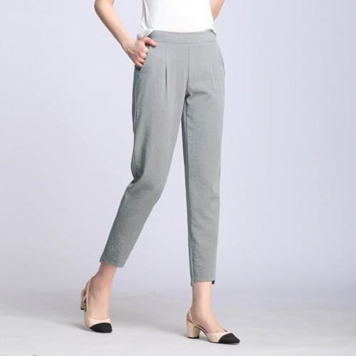 New Women Casual Harajuku Spring Summer Plus Size Trousers Solid Elastic Waist Cotton Linen Pants Ankle Length Harem Pants
