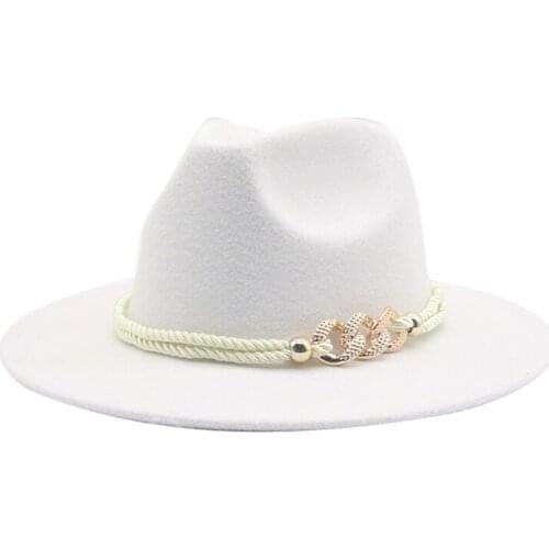 Fedoras hats for women matel rope chain band belt Jazz Cap Wide Brim solid church panama black white felted winter women hats
