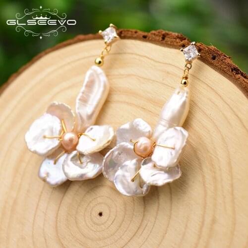 GLSEEVO Natural Fresh Water Baroque Pearl For Women Flower Shape Drop Earrings Fine Jewelry Boucles D Oreille Femme GE0736
