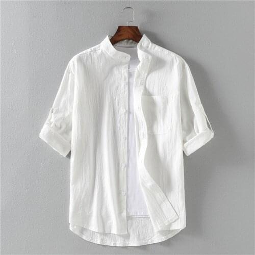 Summer Thin Stand-up Collar Linen Shirt Mens Solid Color Cotton and Linen Short-sleeved Loose Casual Top