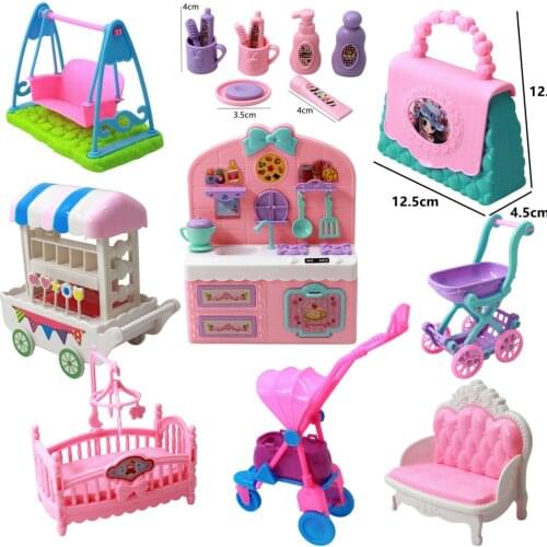 Mix Style Doll Furniture Play Toy Chair Bag Bed kitchen Suitcase Swing For Barbie Doll Accessories Kelly 1:12 Doll DIY Toys