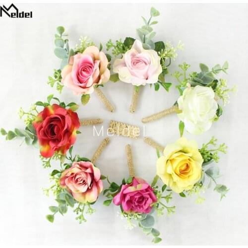 Meldel Boutonniere and Wrist Corsage Wedding Girl Bracelet Men Brooch Pins Artificial Flower Silk Rose Groom Boutonniere Flowers