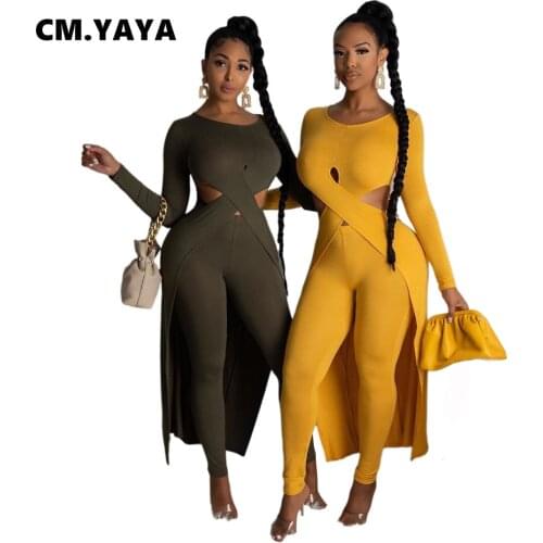 CM.YAYA Autumn Womens Set Full Sleeve Long Cross Tops Pants Suit Active Wear Tracksuit Two Piece Set Night Club Fitness Outfit