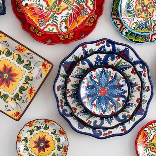 Hand painted plate creative dish plate Family steak plate ceramic Western plate pasta plate square plate commercial tableware