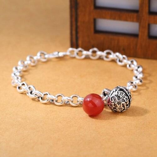 925 Sterling Silver Vintage Red Stone Bell Charm Bracelets Silver Jewelry Wholesale