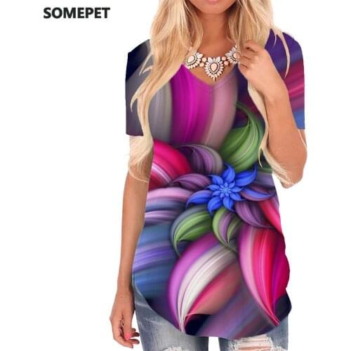 SOMEPET Colorful T-shirt women Flowers T-shirts 3d Creativity Tshirts Printed Abstract V-neck Tshirt Womens Clothing Hip hop
