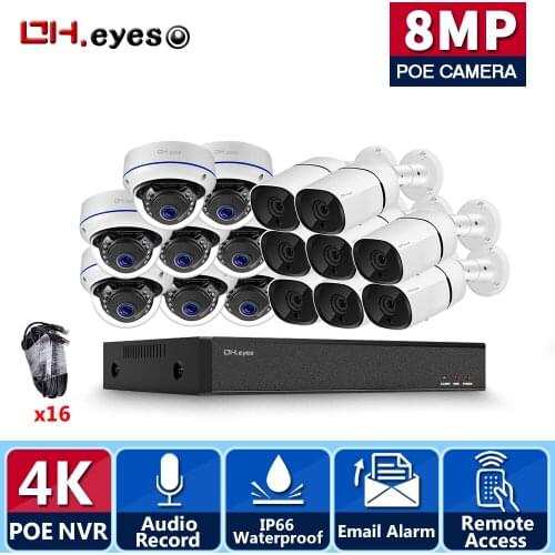 16CH 4K NVR 8MP POE CCTV Security System Audio WaterProof Outdoor Ip Bullet Dome Camera Video Surveillance Set AI Face Record
