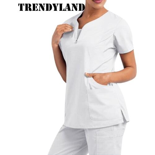 Trendyland Womens Short Sleeve V-Neck Pocket Care Workers T-Shirt Tops Cotton Solid Color Pullover T-Shirts Dropshipping