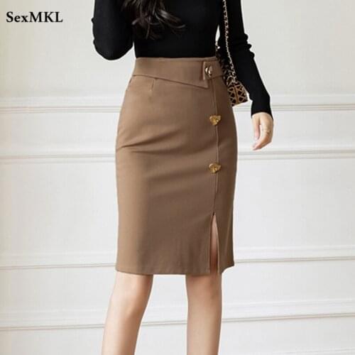 Women Mid Length Office Skirts Plus Size 2021 Elegant Fashion Button High Waist Black Skirt Korean Winter Bodycon Pencil Skirt