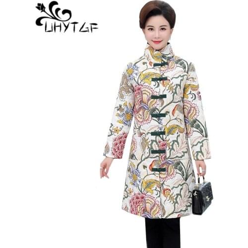 UHYTGF Winter jacket for women Thicken Plus Cotton warm Parkas mujer Retro print temperament mom 3XL plus size cotton coat 1056