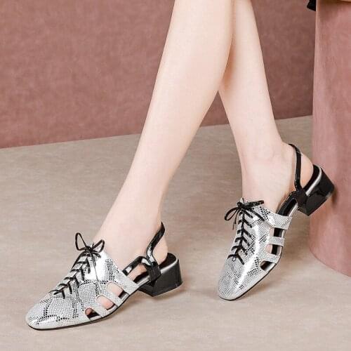 2021 New Cross Tied Genuine Leather Sandals For Girls Spring Summer Chunky Heels Pumps Dancing Party Square Toe Shoes Woman