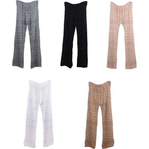 Women Summer Hollow Out See-Through Mesh Pants Beach Swimsuit Cover Up Crochet Drawstring High Waist Wide Leg Trousers