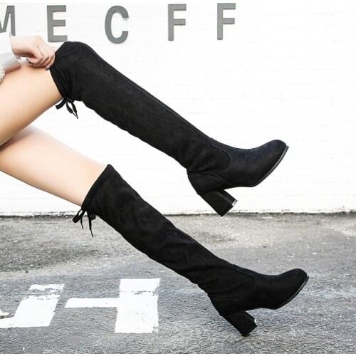 Women Boots Over Knee Booties Woman 2020 Low Heel Round Toe Female Shoes Winter Footwear Luxury Designer Boots-women 7CM