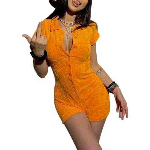 Hirigin Fashion Women Summer Playsuit Solid Color Flocking V-Neck Short Sleeve Button-Open Tight Jumpsuit for Female