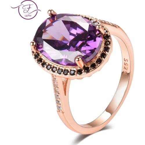 Luxury Natural Amethyst 925 Silver Jewelry Rings Womens Wedding Ring Rose Gold Color With AAAA Cubic Zirconia Party Hot Gifts