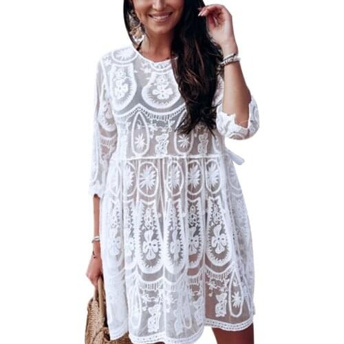 Women Sexy Backless Bikini Cover Up White Embroidered Floral Lace Swimwear Dress F42F