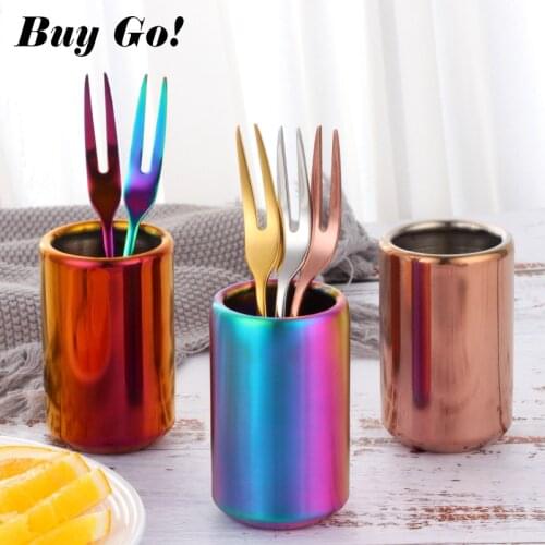 1/2PCS Stainless Steel Fruit Fork Storage Cup Dessert Snack Fork Tube Cup Kids Pen Holder Storage Cylinder Home Party Utensil