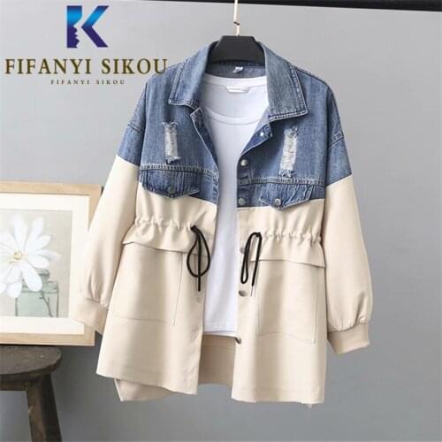 2021 New Spring Women Jacket Windbreaker Hole Denim Spliced Fashion Lapel Jackets Coat Loose Plus Size Womens Bomber Jacket