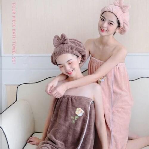 4pcs/set Wearable Embroidery Bath Towel Sling Bath Skirt Quick-drying Suit Bathrobe+Hair Dryer Cap+Towel+Hairband Spa Towel