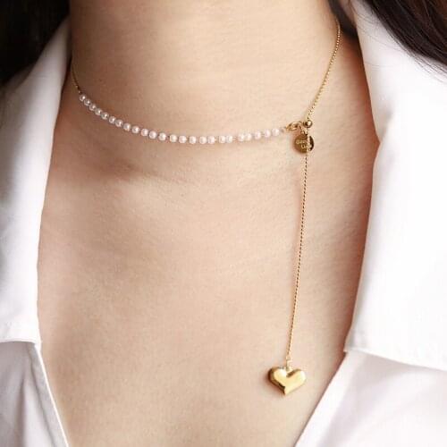 Amaiyllis 18k Gold Love Heart long Tassel Clavicle Chain Necklace Adjustable Imitation Pearl Necklace Pendants Jewelry