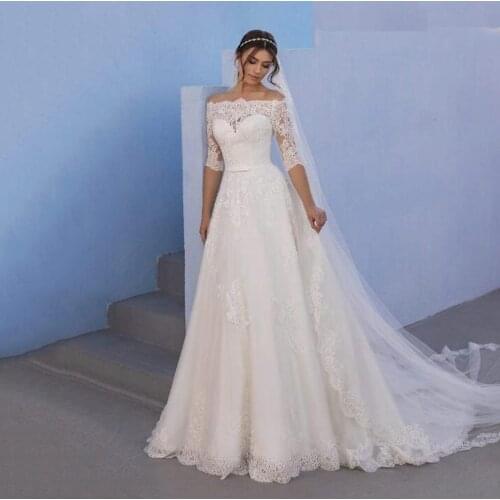 Eightree White Off Shoulder Wedding Dress 2021 Half Sleeves Bridal Gown Tulle With Lace Applique Ball Gown Wedding Dresses
