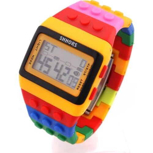 Shhors Block Watch Boys Girls Toy Watch Colorful Building Lego Whatch Alarm Sports LCD Digital Display Unisex Wristwatch