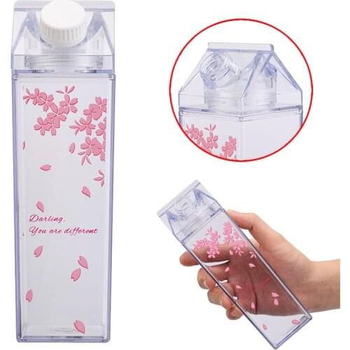 500ml Milk Box Shaped Bottle Clear Milk Water Drinking Bottle Cup Flower Fruit Heart Random Printed For Home Office School Drink