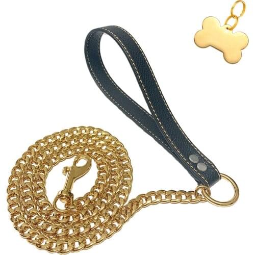 Premium Strong Stainless Steel Colorful Dog Leash With Leather Handle 18K Gold Plated 12mm Silver For Large Medium Small Dogs