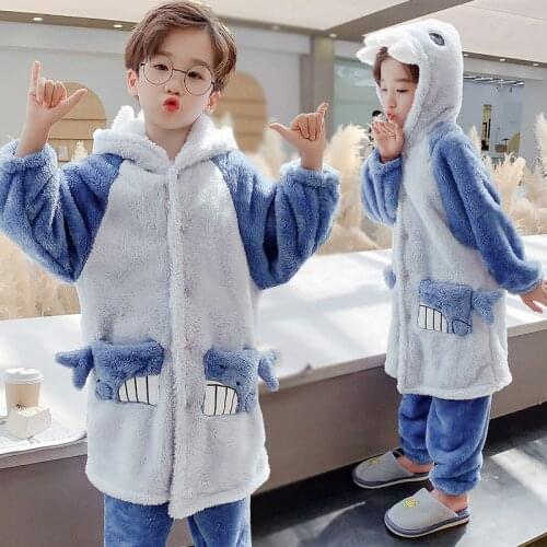 Childrens Pajamas Winter Warm Boys' Homewear Clothes Long Sleeve Flannel Baby Boy Sleepwear Hooded 3-13Y Kids Pajamas