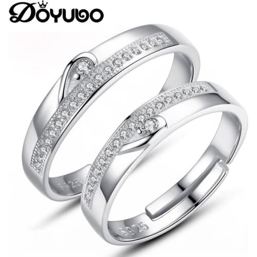 DOYUBO Trendy Silver Couples Rings With Half Heart Cubic Zircon For Women And Men 925 Sterling Silver Wedding Fine Jewelry VB352