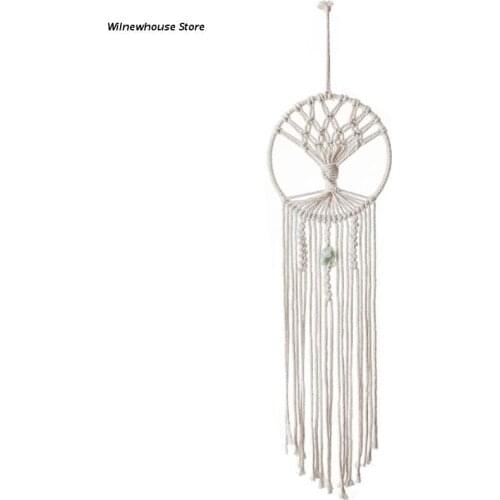 F62A Handmade Woven Macrame Round Dream Catcher with Green Stone Bohemian Mandala Tassels Wall Hanging Tapestry Home Decor