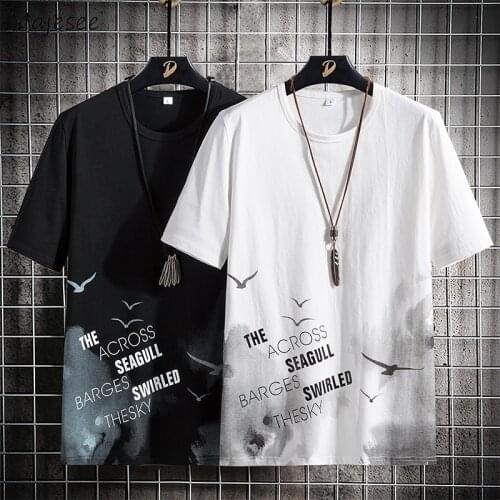 Casual Seagulls Printed T-shirts Men Short Sleeve Loose Basic Streetwear Summer Cotton O-Neck Tees Harajuku All-match New Loose