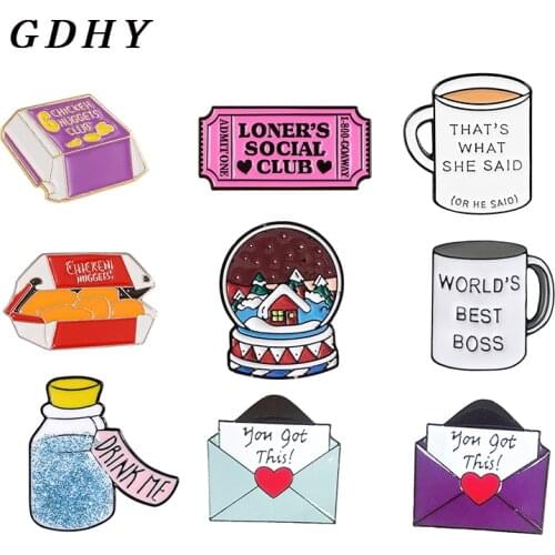 GDHY Cartoon Brooch Fried chicken Coffee Mug Cup Beverage bottle Crystal ball Envelope Badges Hobby club Enamel Pins Jewelry