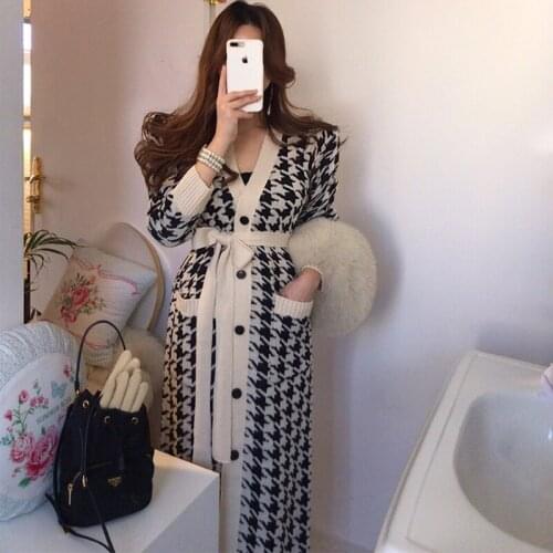 Ardm Korean Fashion Houndstooth Long Cardigan Women 2021 Street Style Long Sleeve Top With Belt Sweater Casual Winter Cardigans