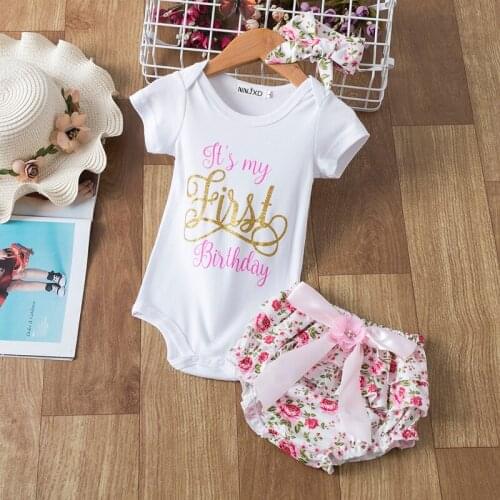 1 Year Old Baby Jumpsuit Bobysuit + Shorts + Headband 3PCS Its My First Birthday Printing Baby Girls Princess Summer Clothes