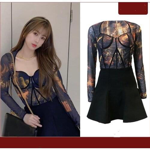 Kpop Korean Celebrity Streetwear Sexy Slim Long sleeve T-shirts Tops + Fashion Black Loose High Waist Skirt Women two piece set