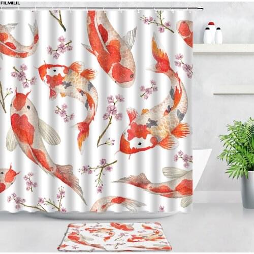 Red Koi Fish Shower Curtains Bath Mats Sets Pink Flowers Chinese Style Home Decor Flannel Bathroom Door Pad Carpet Non-slip Rugs