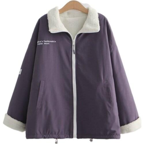 Fleece Letter Print Zipper Casual Women Jacket 2020 Winter Vintage Full Sleeve Turndown Collar Ladies 2 Sided Wear Warm Outwear