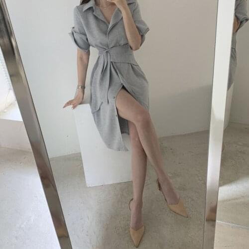 Small design sense shirt dress 2020 new womens long cover belly waist show thin skirt