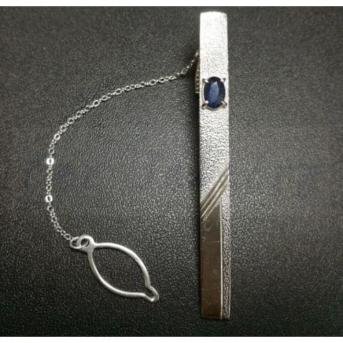 Mens tie clip Natural real sapphire Free shipping 925 sterling silver Fine jewelry 0.6CT gemstone C8052804